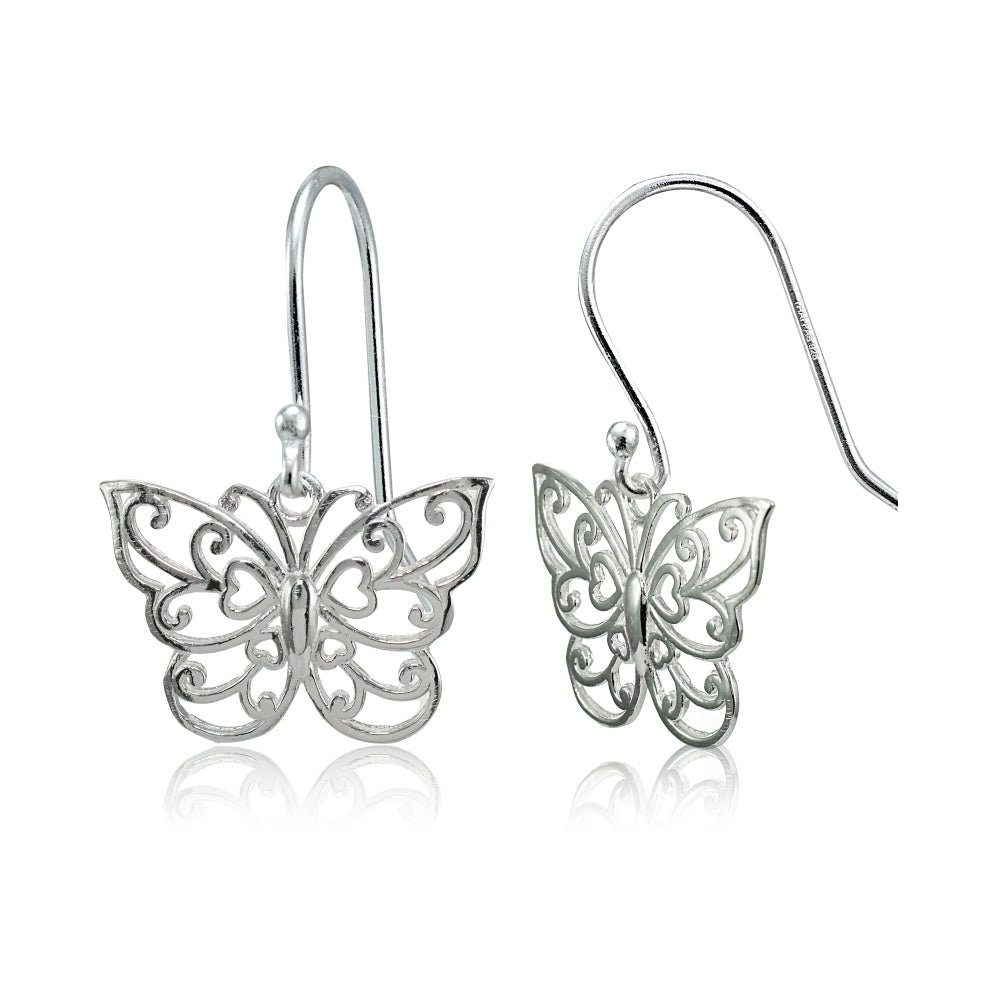 Sterling Silver High Polished Filigree Butterfly Dangle Earrings-3