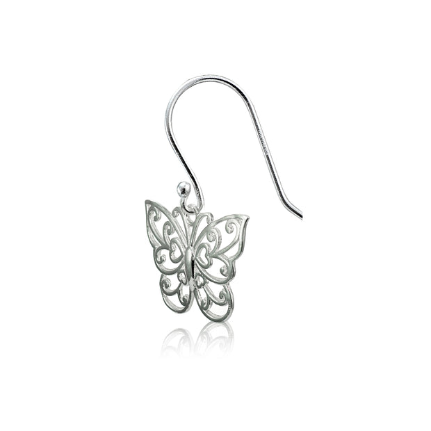 Sterling Silver High Polished Filigree Butterfly Dangle Earrings