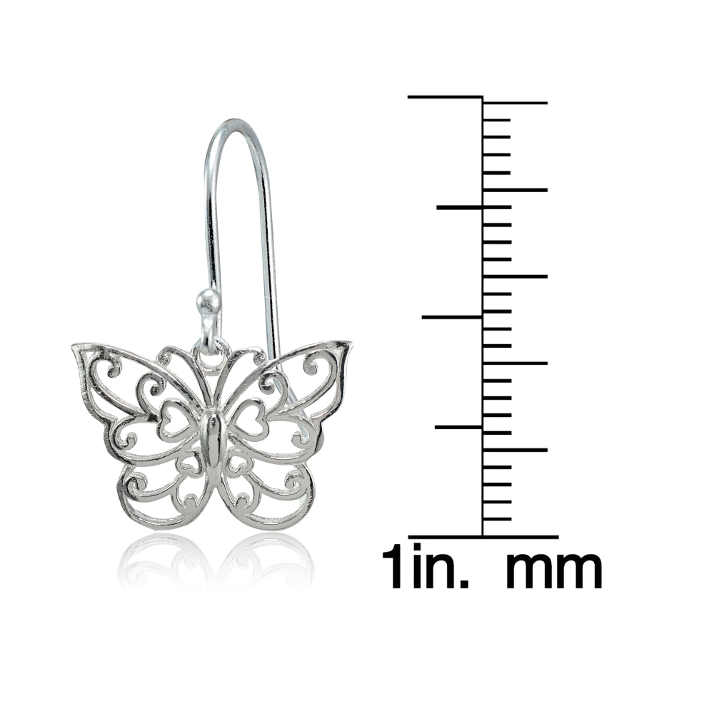 Sterling Silver High Polished Filigree Butterfly Dangle Earrings-5