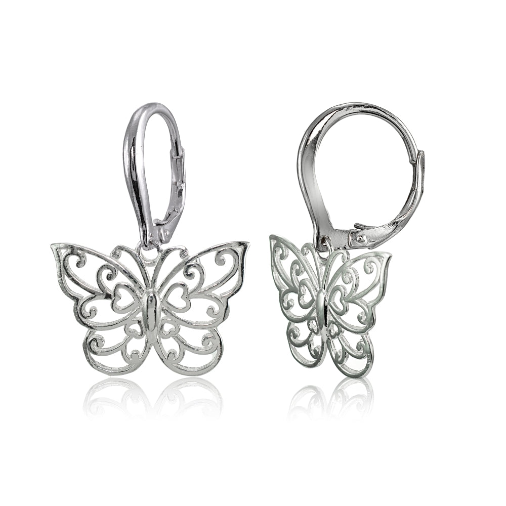 Sterling Silver High Polished Filigree Butterfly Leverback Earrings