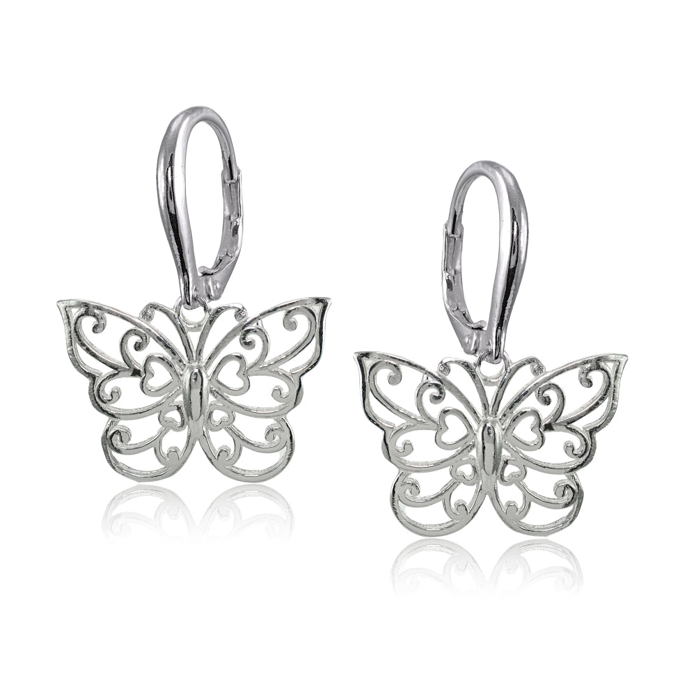 Sterling Silver High Polished Filigree Butterfly Leverback Earrings-2