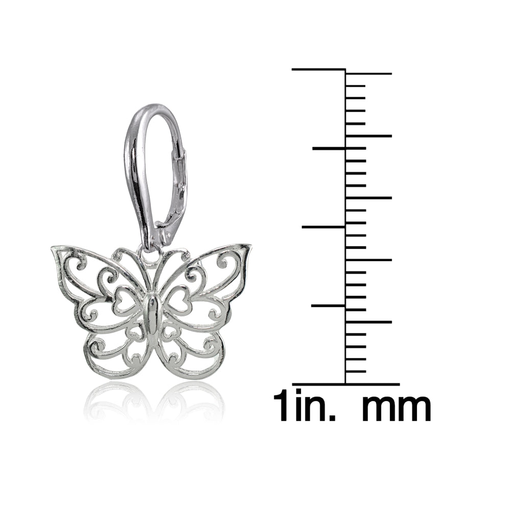 Sterling Silver High Polished Filigree Butterfly Leverback Earrings-4