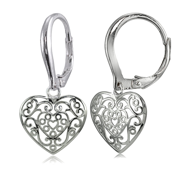 Sterling Silver High Polished Filigree Heart Dangle Leverback Earrings