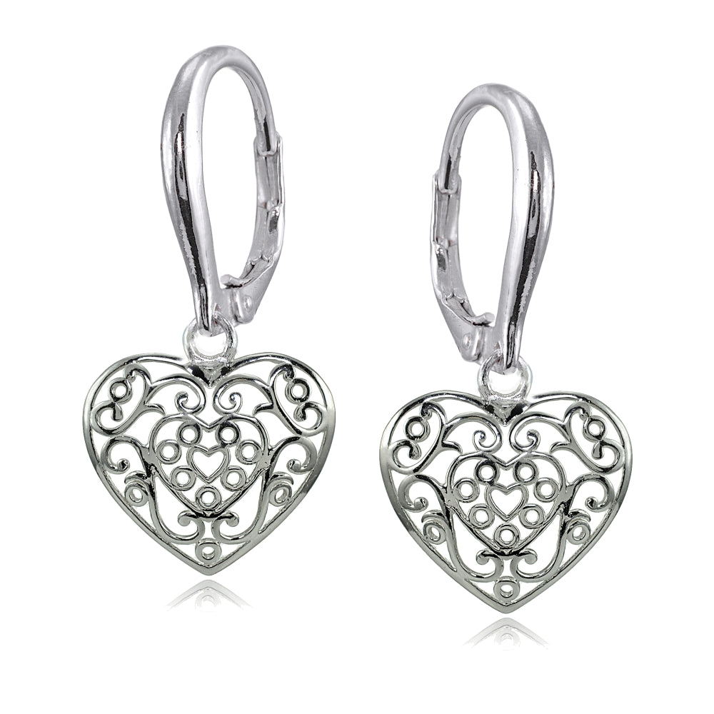 Sterling Silver High Polished Filigree Heart Dangle Leverback Earrings-2