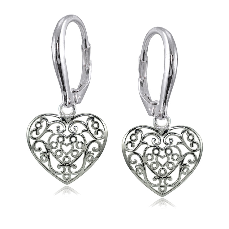 Sterling Silver High Polished Filigree Heart Dangle Leverback Earrings