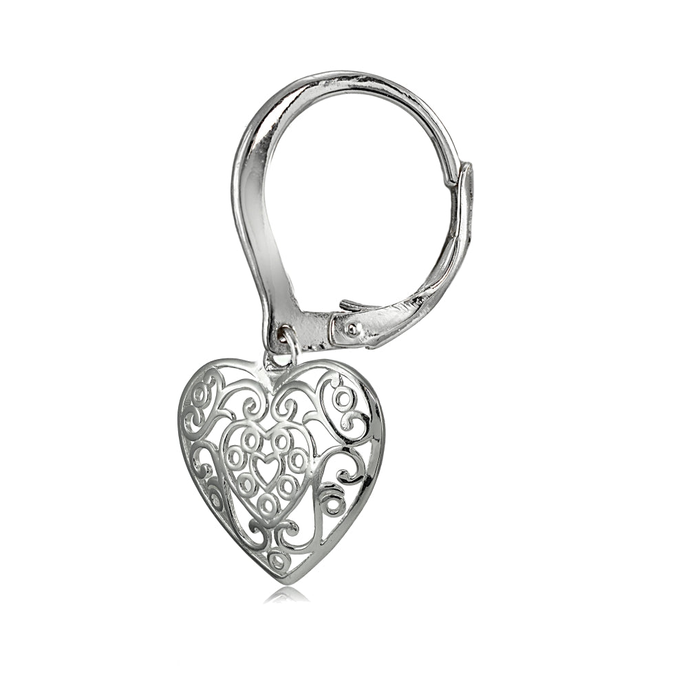Sterling Silver High Polished Filigree Heart Dangle Leverback Earrings-3