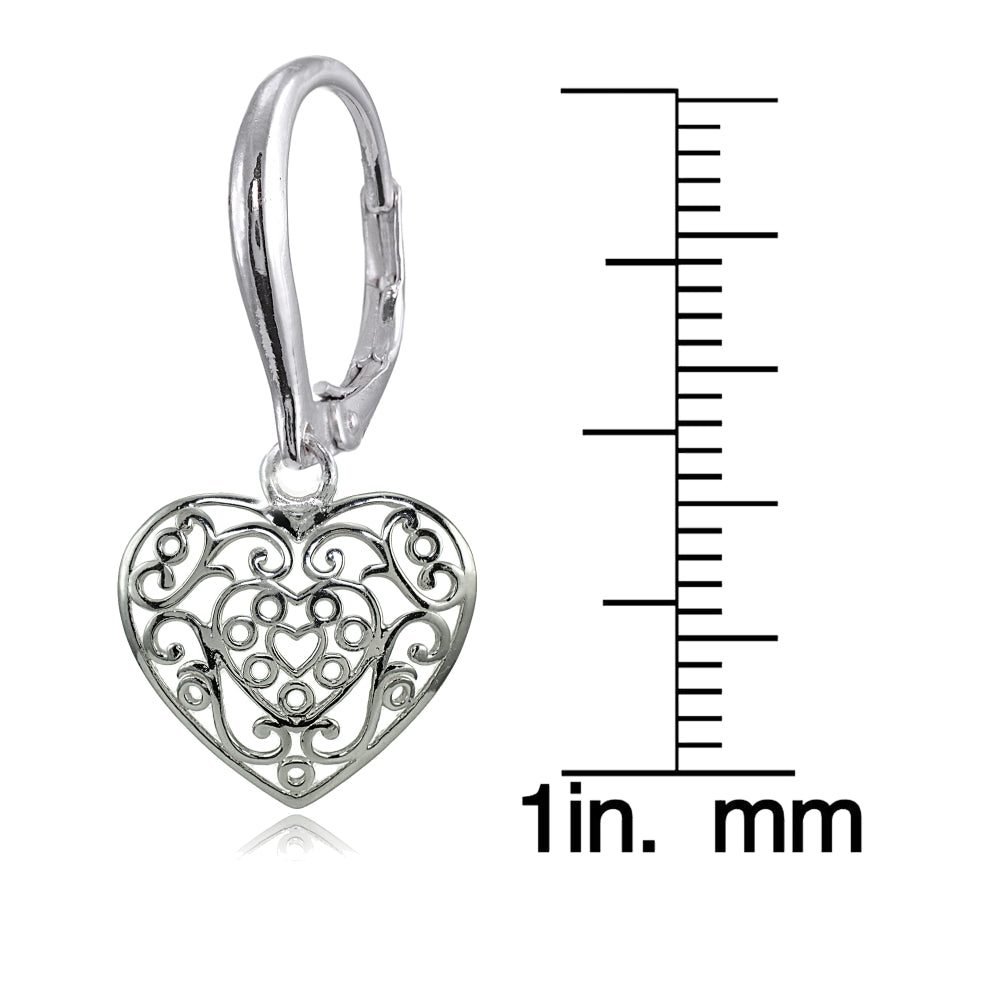 Sterling Silver High Polished Filigree Heart Dangle Leverback Earrings-4