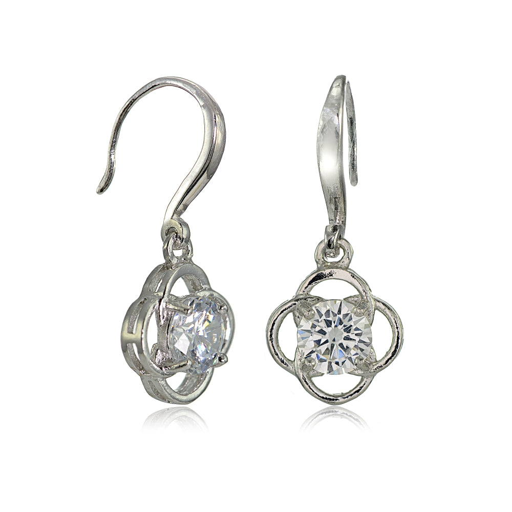 Sterling Silver Cubic Zirconia Flower Knot Dangle Earrings-2