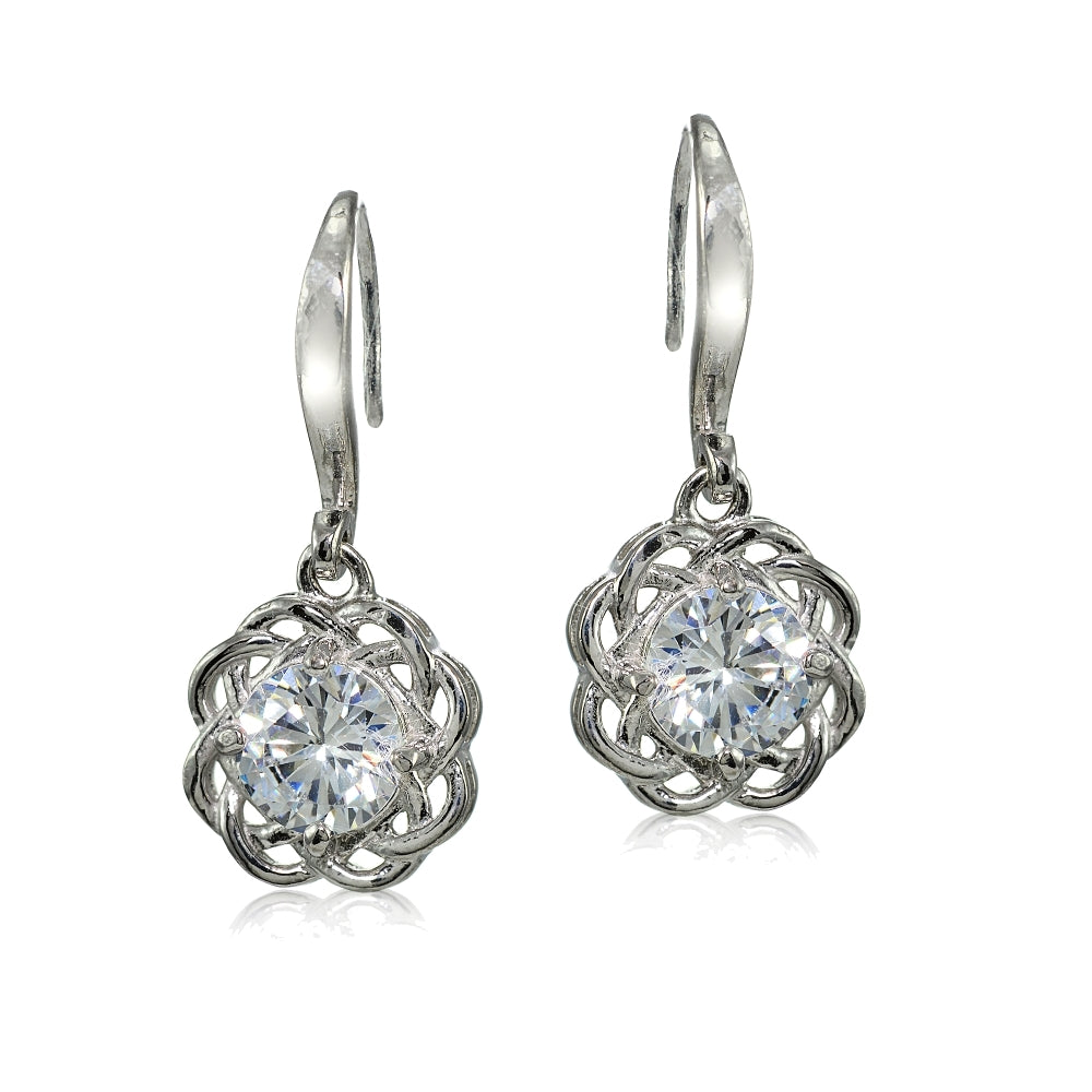 Sterling Silver High Polished Cubic Zirconia Celtic Love Knot Dangle Earrings