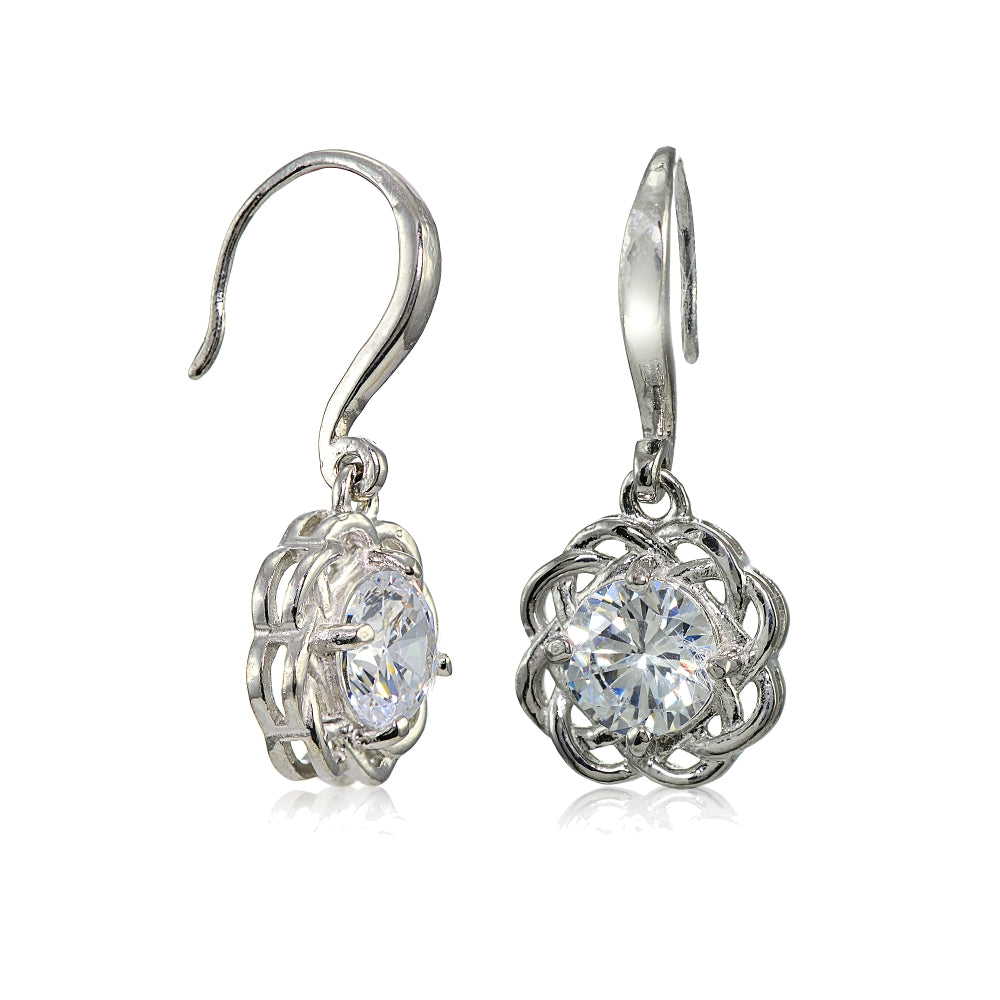 Sterling Silver High Polished Cubic Zirconia Celtic Love Knot Dangle Earrings-2