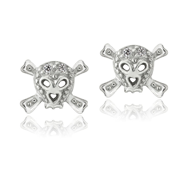 Sterling Silver Cubic Zirconia Skull and Cross Bone Stud Earrings