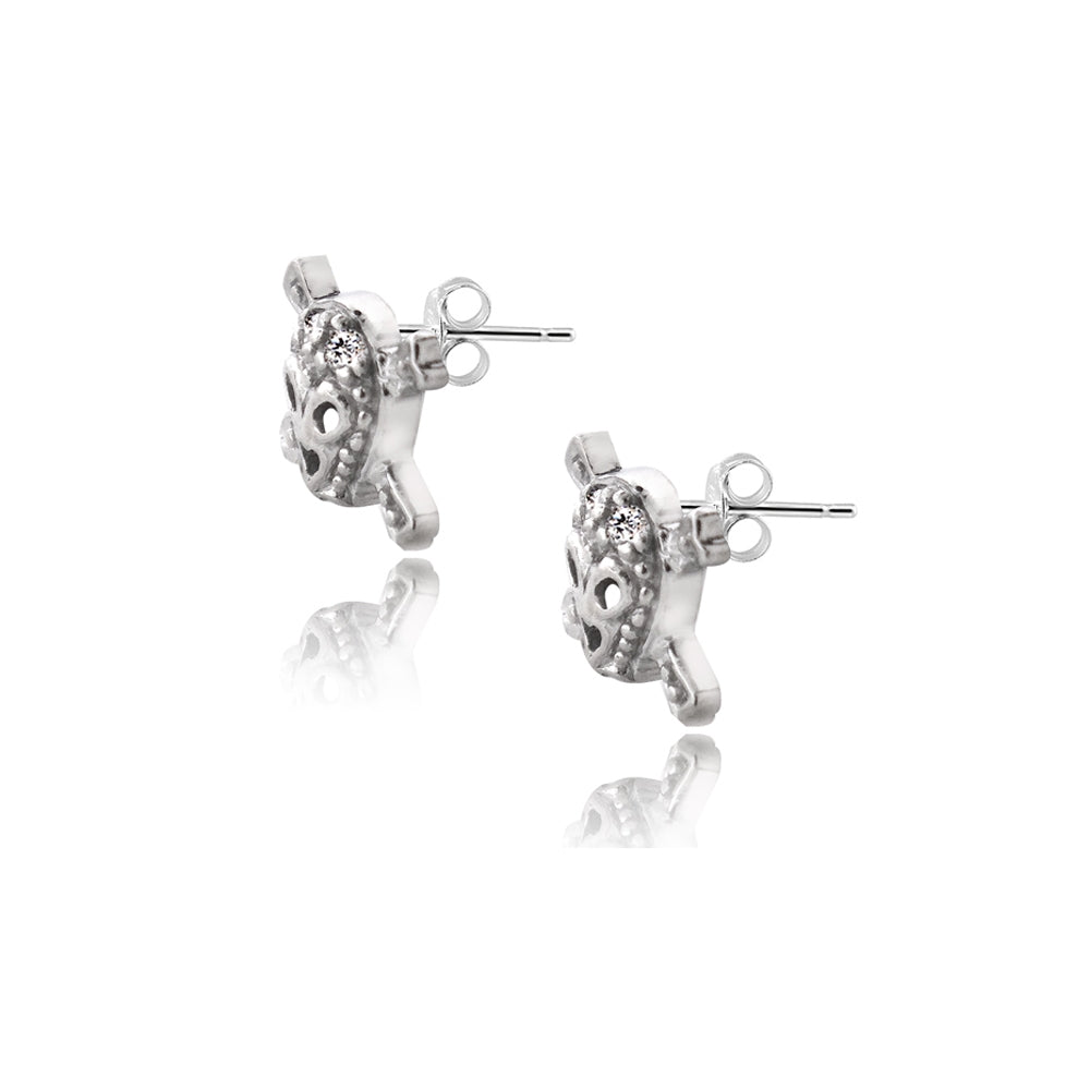 Sterling Silver Cubic Zirconia Skull and Cross Bone Stud Earrings-2