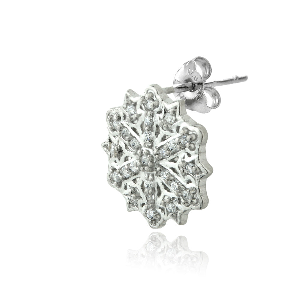Sterling Silver Cubic Zirconia Snowflake Stud Earrings-2