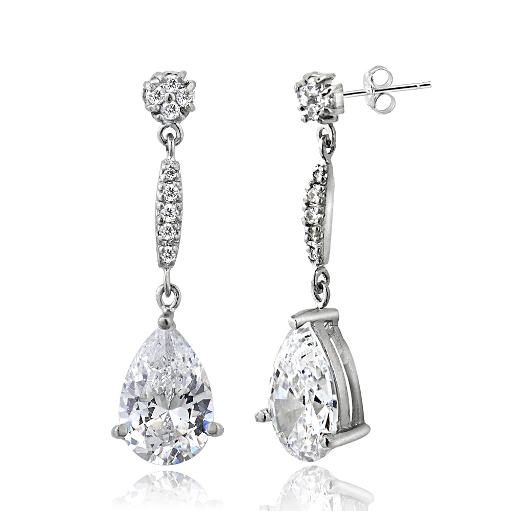 Sterling Silver Cubic Zirconia Pear Cut 15mm Dangle Earrings
