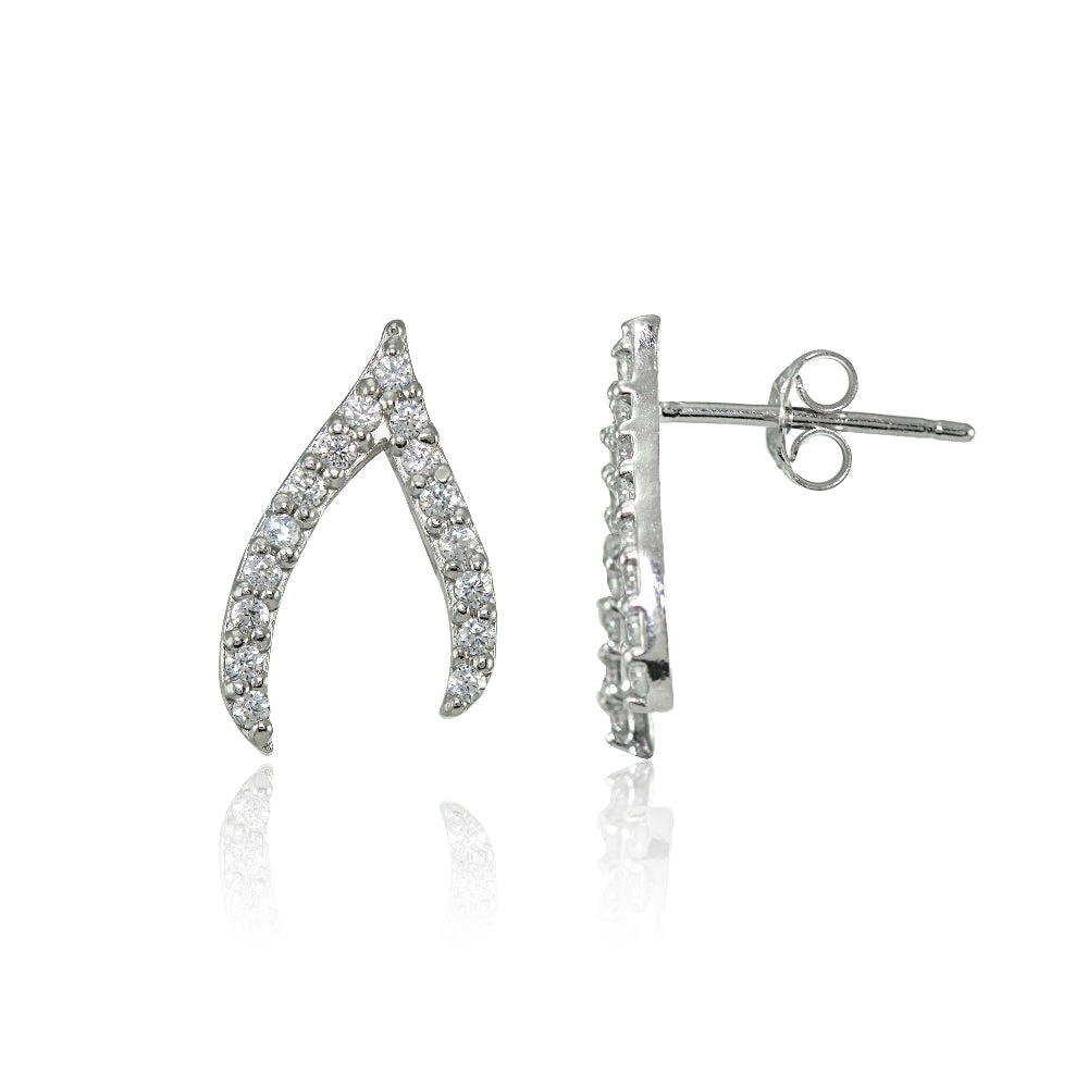 Sterling Silver Cubic Zirconia Wish Bone Stud Earrings