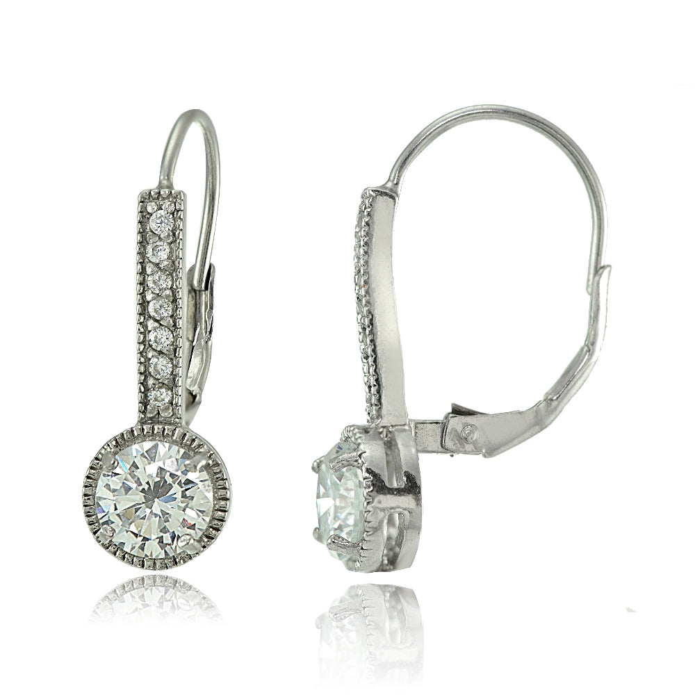 Sterling Silver Round Cubic Zirconia Leverback Earrings