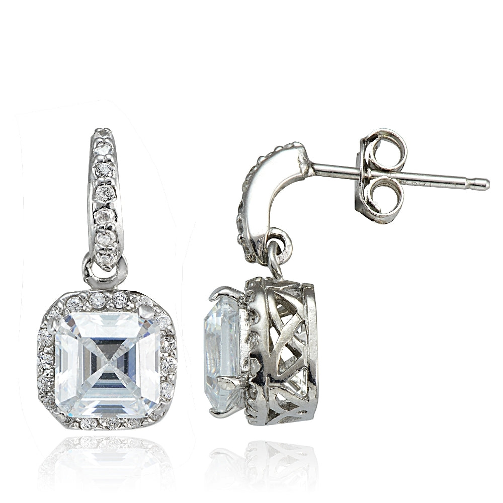 Sterling Silver Cubic Zirconia Square Dangle Earrings