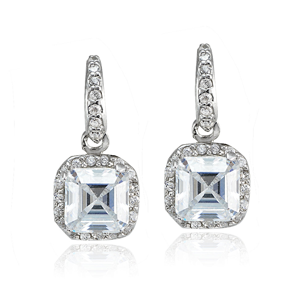 Sterling Silver Cubic Zirconia Square Dangle Earrings-2