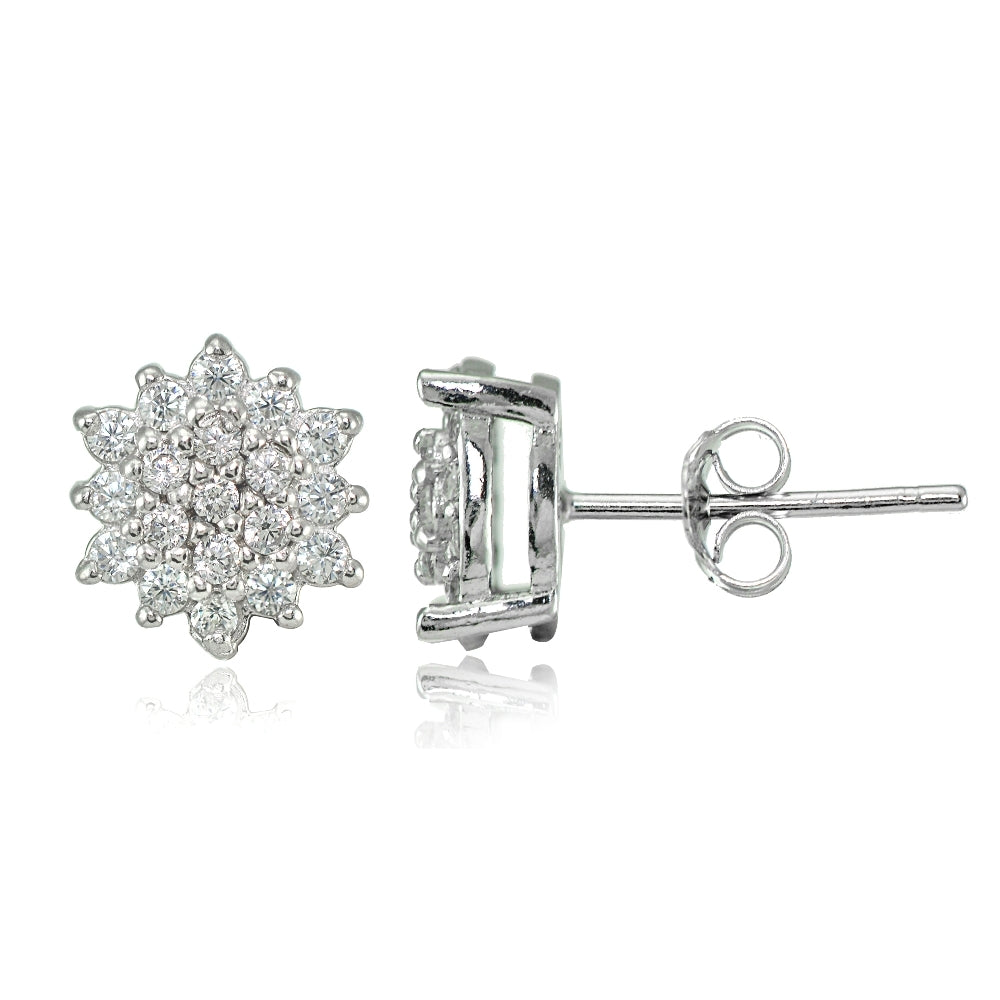 Sterling Silver Cubic Zirconia Floral Stud Earrings