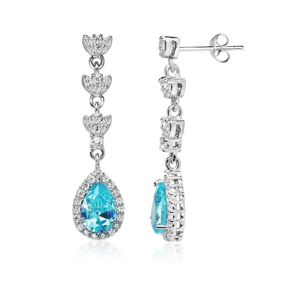 Sterling Silver Light Blue Cubic Zirconia Triple Teardrop Dangle Earrings