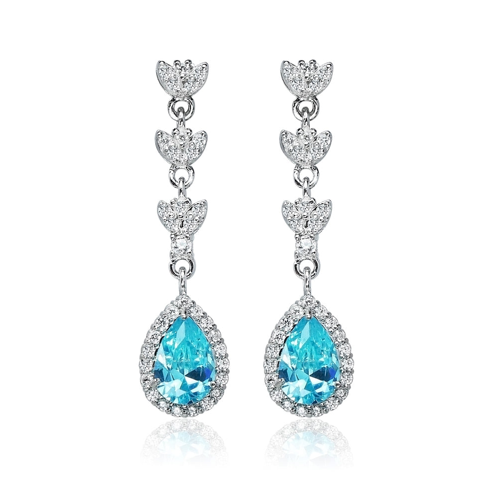 Sterling Silver Light Blue Cubic Zirconia Triple Teardrop Dangle Earrings-2