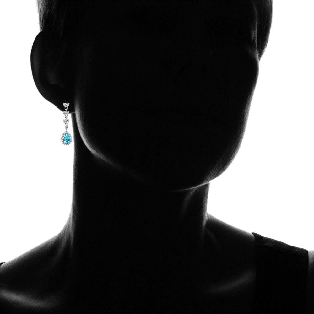 Sterling Silver Light Blue Cubic Zirconia Triple Teardrop Dangle Earrings-4