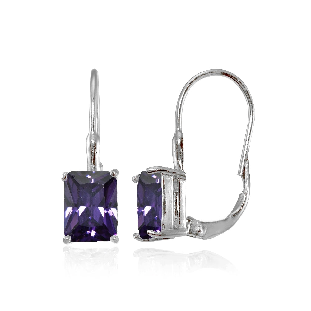 Sterling Silver Cubic Zirconia Amethyst Emerald-Cut Leverback Earrings