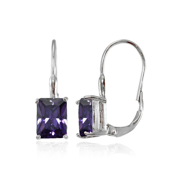 Sterling Silver Cubic Zirconia Amethyst Emerald-Cut Leverback Earrings