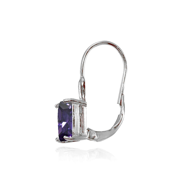 Sterling Silver Cubic Zirconia Amethyst Emerald-Cut Leverback Earrings