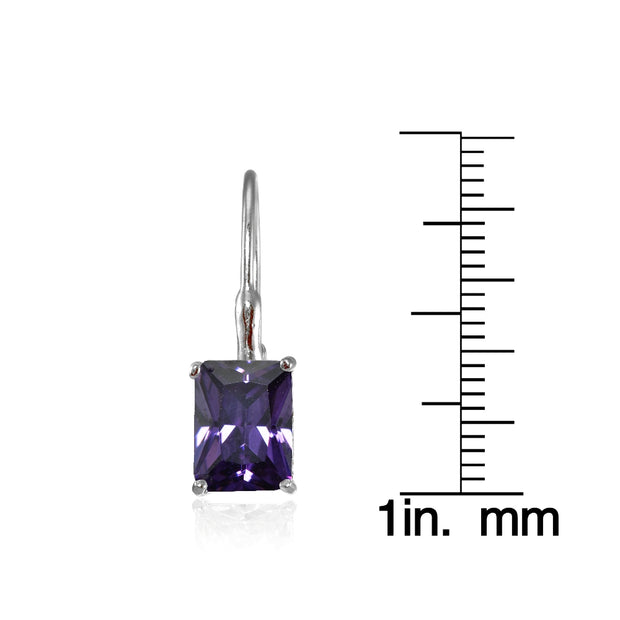 Sterling Silver Cubic Zirconia Amethyst Emerald-Cut Leverback Earrings