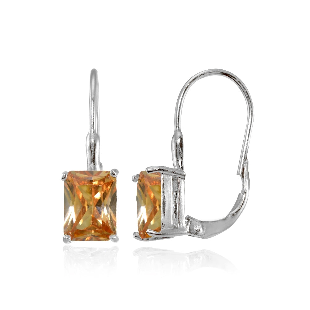 Sterling Silver Emerald-Cut Champagne Cubic Zirconia Leverback Earrings