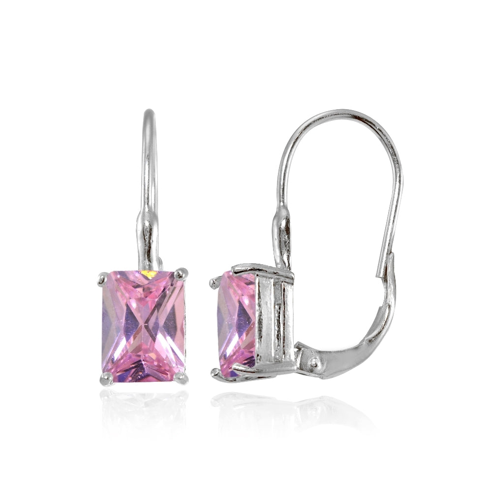 Sterling Silver Light Pink Cubic Zirconia Emerald-Cut Leverback Earrings