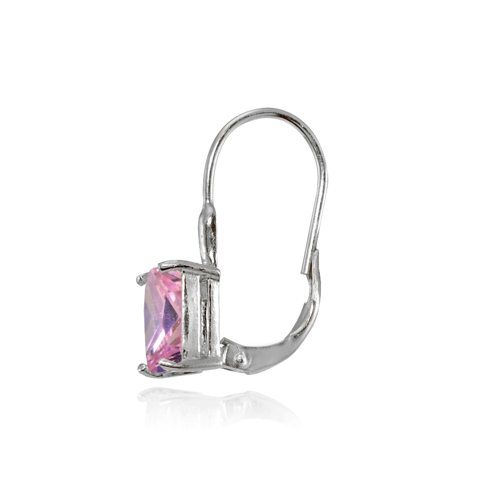 Sterling Silver Light Pink Cubic Zirconia Emerald-Cut Leverback Earrings-2