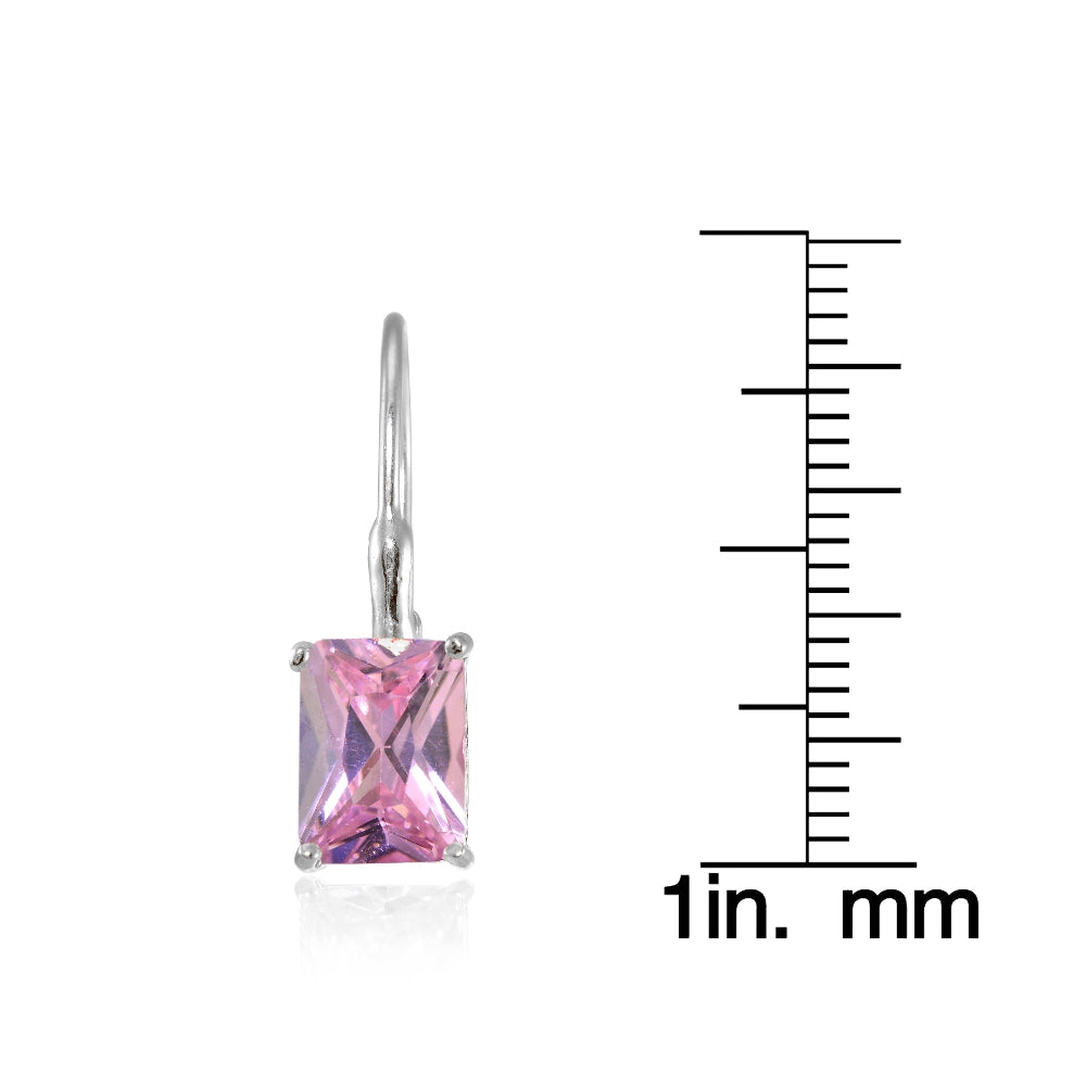 Sterling Silver Light Pink Cubic Zirconia Emerald-Cut Leverback Earrings-3