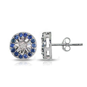 Sterling Silver Genuine Blue Sapphire and Diamond Accent Illusion-Set Stud Earrings