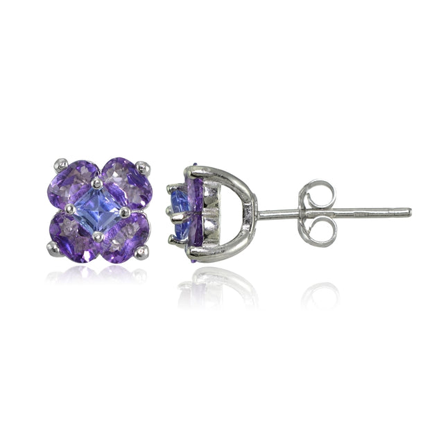 Sterling Silver Amethyst and Tanzanite Flower Stud Earrings