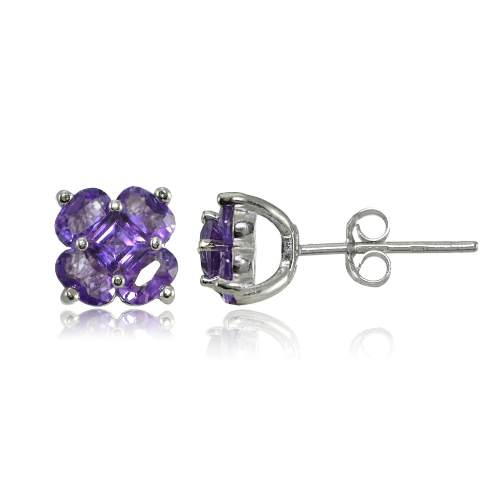 Sterling Silver Amethyst and African Amethyst Flower Stud Earrings