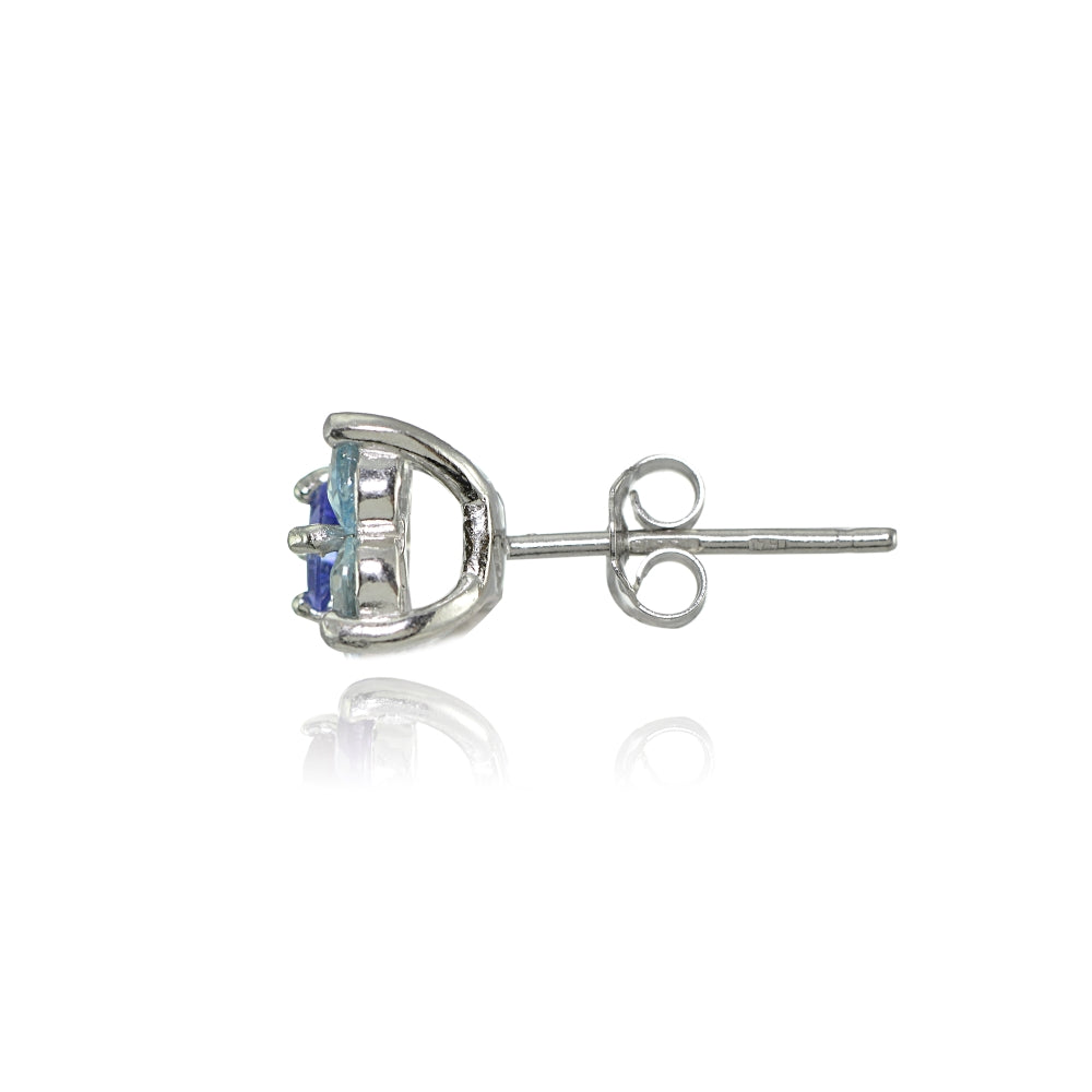 Sterling Silver Aquamarine and Tanzanite Flower Stud Earrings-2