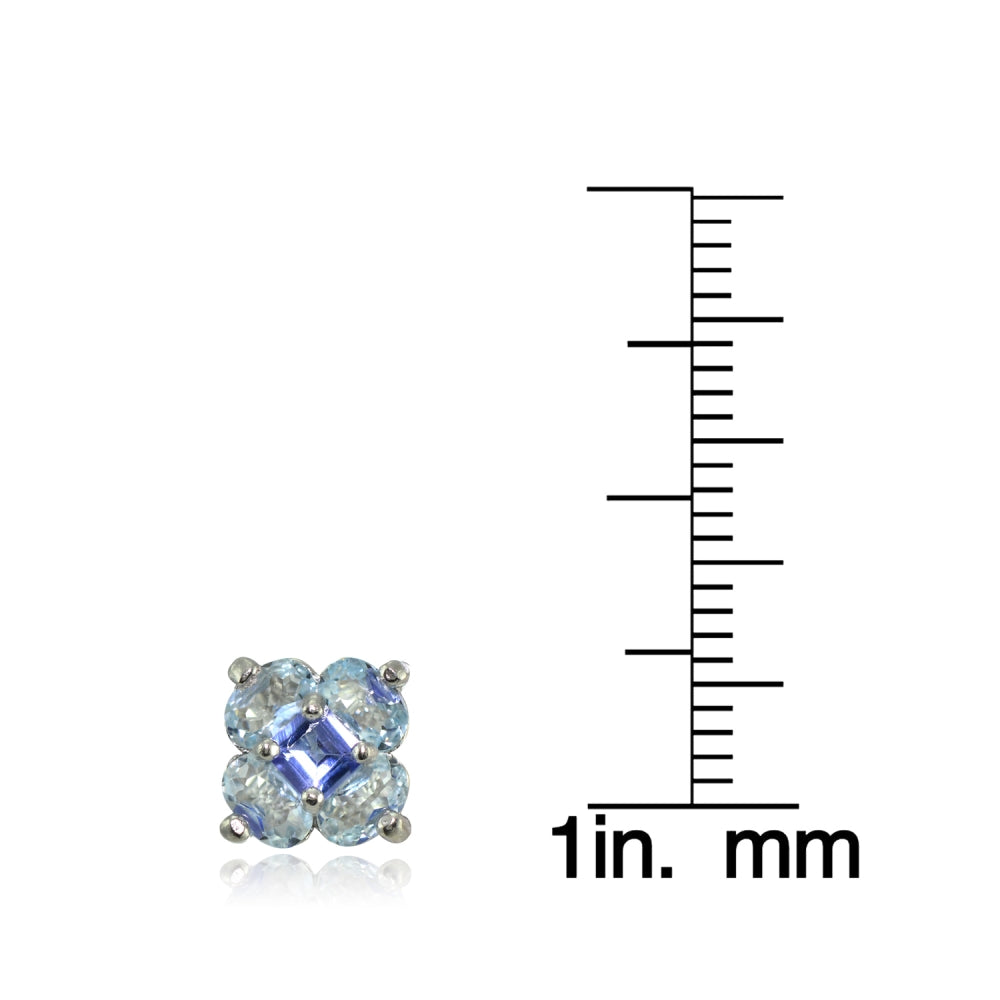 Sterling Silver Aquamarine and Tanzanite Flower Stud Earrings-3