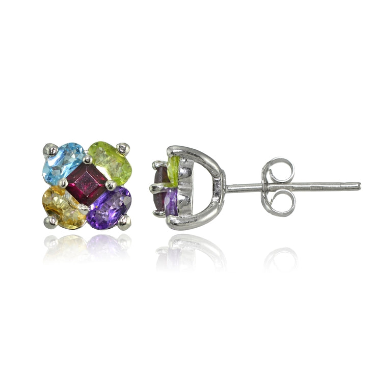 Sterling Silver Multi Color Gemstone Flower Stud Earrings