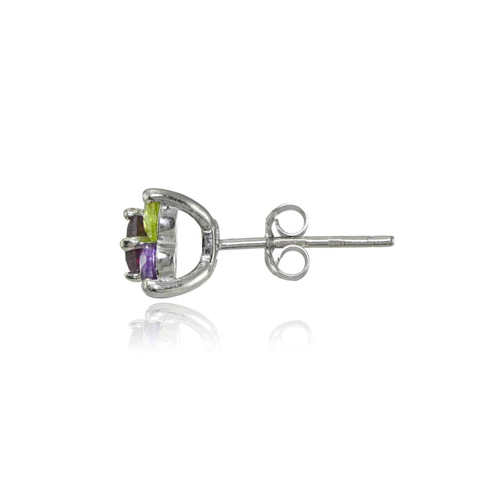 Sterling Silver Multi Color Gemstone Flower Stud Earrings-2