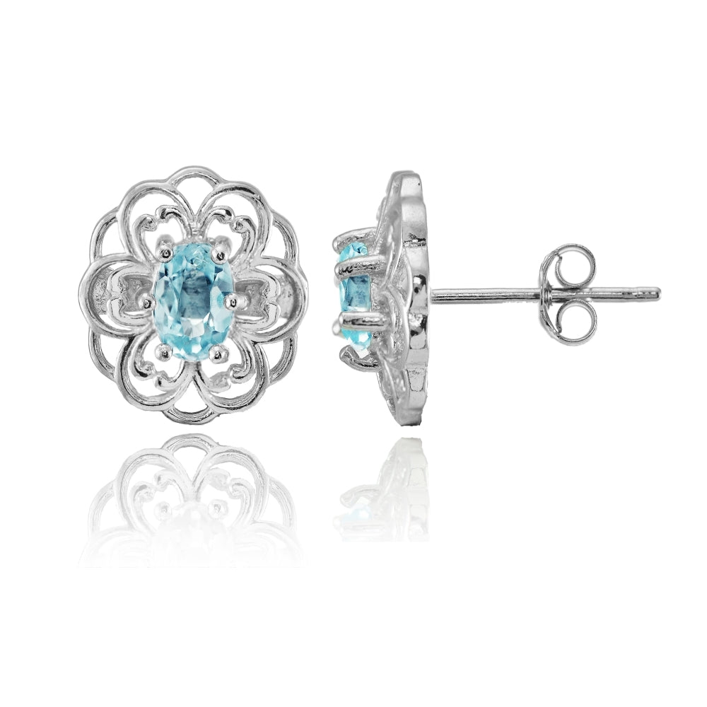 Sterling Silver Blue Topaz Filigree Flower Stud Earrings