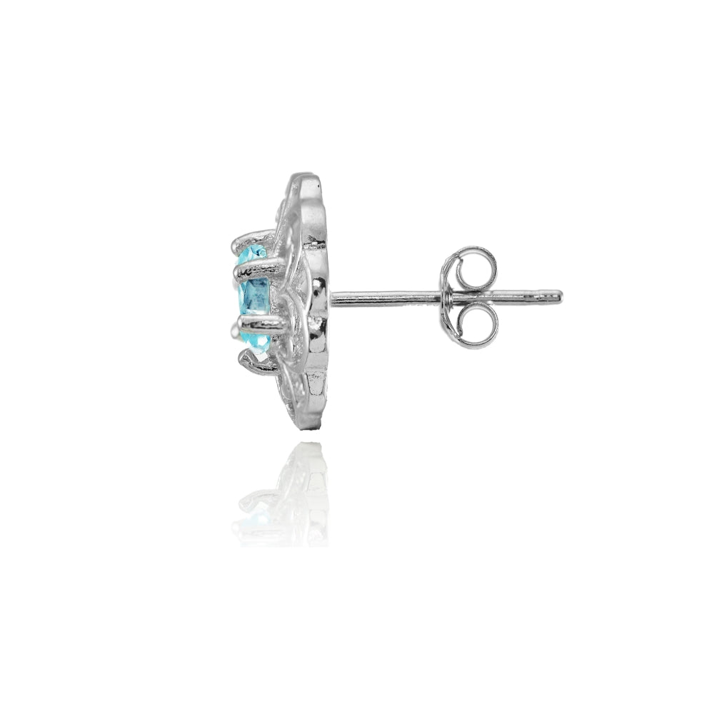 Sterling Silver Blue Topaz Filigree Flower Stud Earrings-2