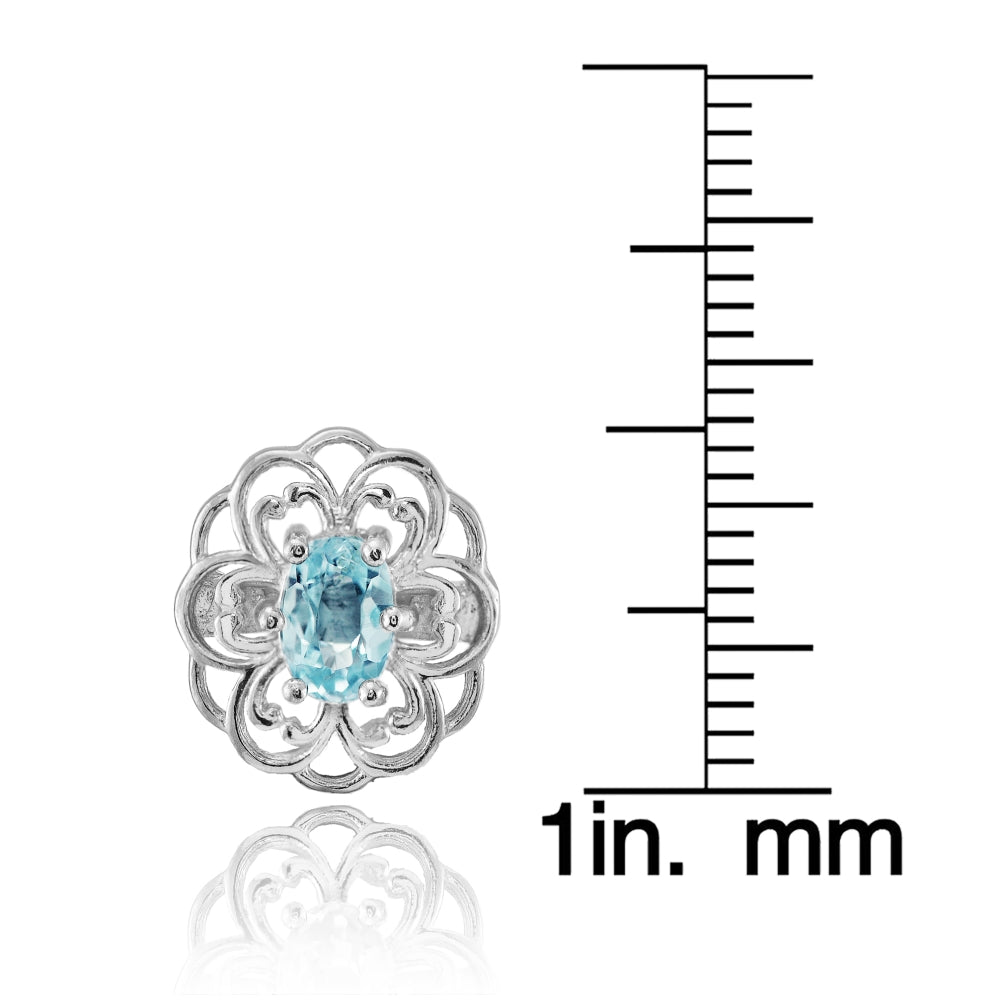 Sterling Silver Blue Topaz Filigree Flower Stud Earrings-3