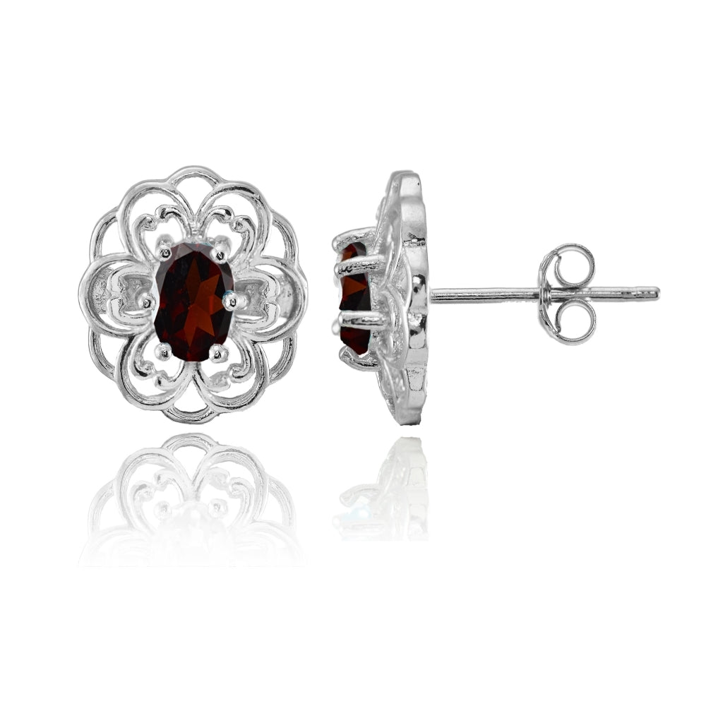 Sterling Silver Garnet Filigree Flower Stud Earring
