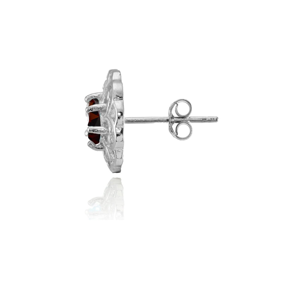 Sterling Silver Garnet Filigree Flower Stud Earring-2
