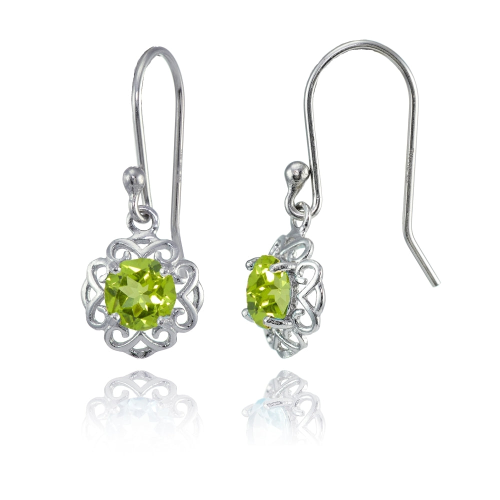 Sterling Silver Peridot Round Filigree Dangle Earrings