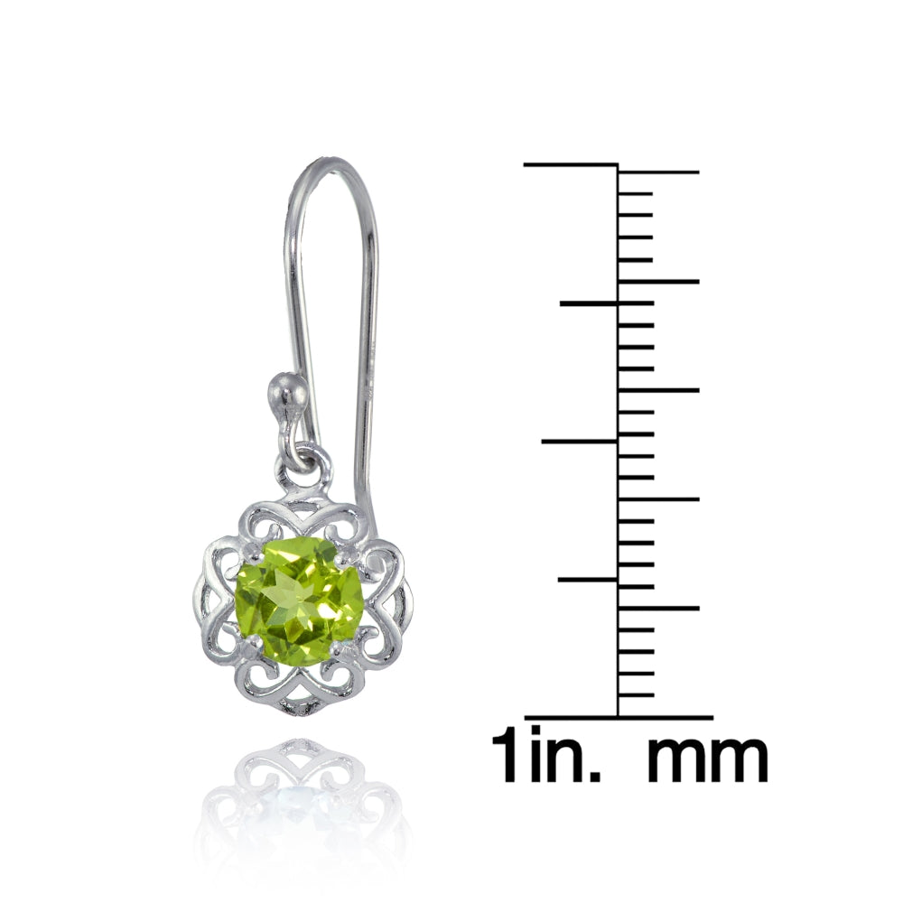 Sterling Silver Peridot Round Filigree Dangle Earrings-3