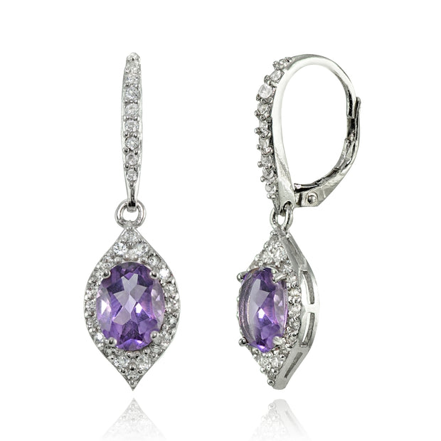 Sterling Silver Amethyst and White Topaz Oval Dangle Leverback Earrings