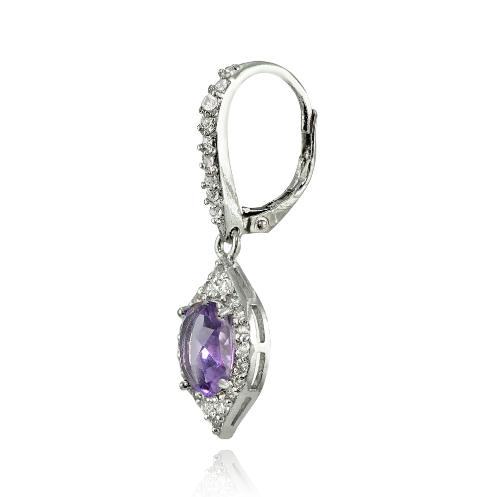 Sterling Silver Amethyst and White Topaz Oval Dangle Leverback Earrings-2